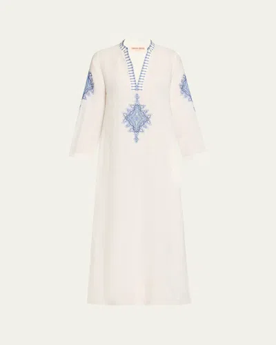 Emporio Sirenuse Jenna Astragal Embroidered Linen Midi Dress In White
