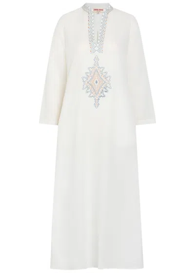 Emporio Sirenuse Jenna Embroidered Linen-blend Midi Kaftan Dress In White