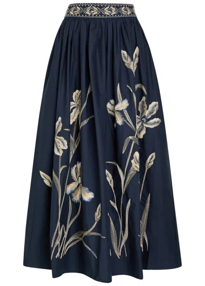 Emporio Sirenuse Ombretta Embroidered Cotton-poplin Maxi Skirt In Blue