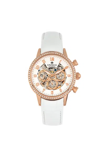 Empress Beatrice Automatic Skeleton Dial Leather-band Watch With Day & Date In White