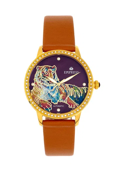 Empress Diana Automatic Engraved Mop Leather-band Watch In Brown