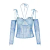 Empress Mimi Women's Siren Song Blue Embroidered Corset Top With Wave Print And Diamond Detail In Blue