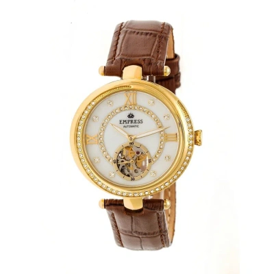 Empress Stella Automatic Crystal White Dial Ladies Watch Em2104 In Brown / Gold Tone / White