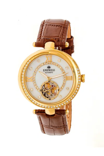 Empress Stella Automatic Semi-skeleton Mop Leather-band Watch In Brown