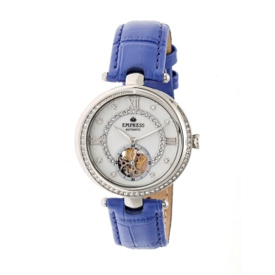 Empress Stella Silver Semi-skeleton Dial Silver-tone Case Blue Leather Strap Automatic Ladies Watch  In Blue / Silver