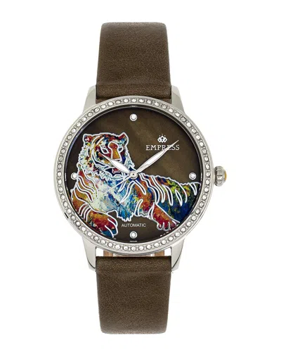 Empress Diana Automatic Engraved Mop Leather-band Watch In Green