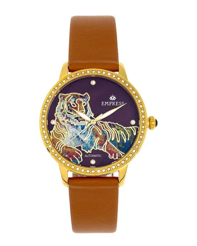 Empress Diana Automatic Engraved Mop Leather-band Watch In Brown