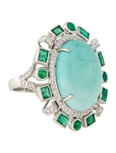 Pre-owned Emsaru 18k 13.97ct Turquoise, Emerald & Diamond Cocktail Ring In Multi