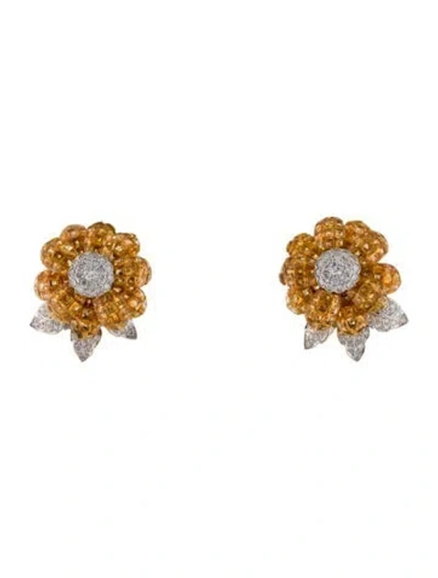 Pre-owned Emsaru 18k 1.44ctw Diamond & Yellow Sapphire Flower Earclips In Multi