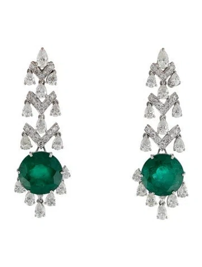 Pre-owned Emsaru 18k 18.23ctw Emerald & Diamond Drop Earrings In Multicolor