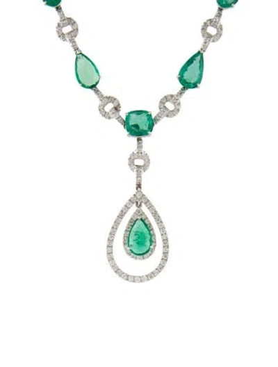 Pre-owned Emsaru 18k 20.40ctw Emerald & Diamond Convertible Collar Necklace, 16.5" In Multi
