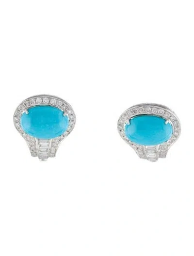 Pre-owned Emsaru 18k 8.10ctw Turquoise & Diamond Earclip Earrings In Multi