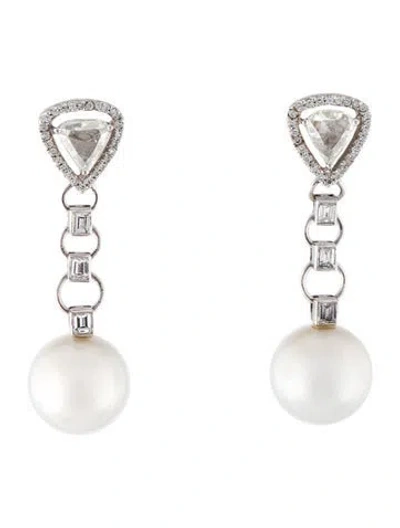 Pre-owned Emsaru 18k Diamond & Pearl Drop Earrings In Multi