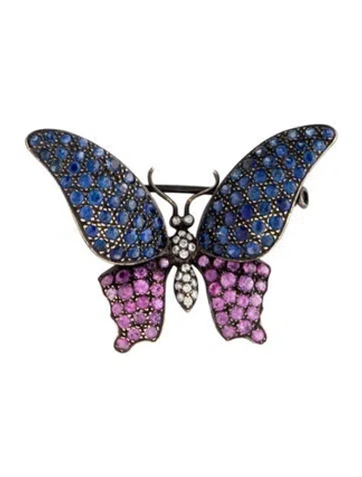 Pre-owned Emsaru 18k Diamond & Sapphire Butterfly Brooch In Multi