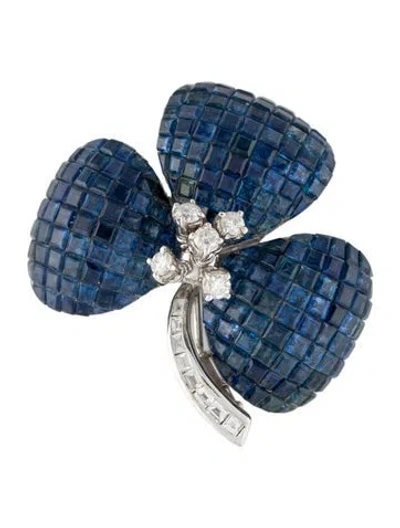 Pre-owned Emsaru 18k Diamond & Sapphire Clover Brooch In Multi