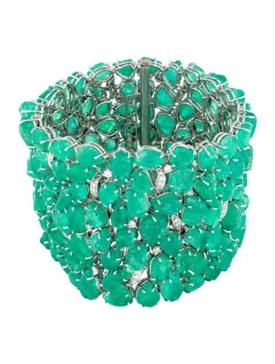 Pre-owned Emsaru 18k Emerald & Diamond Link Bracelet, 6" In Multicolor
