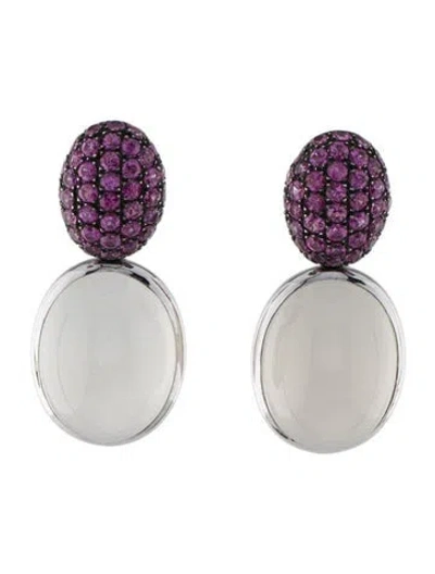 Pre-owned Emsaru 18k Moonstone & Sapphire Drop Earrings In Multi