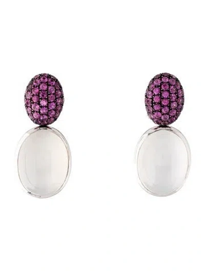 Pre-owned Emsaru 18k Moonstone & Sapphire Drop Earrings In Multicolor
