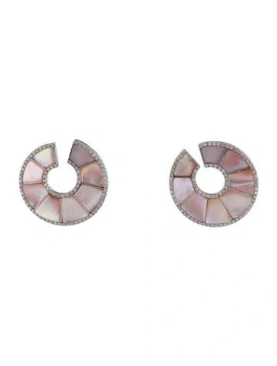 Pre-owned Emsaru 18k Mother Of Pearl & Diamond Sideways Earrings In Multi