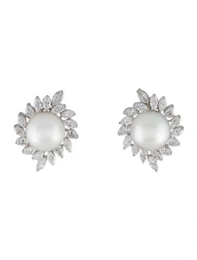 Pre-owned Emsaru 18k Pearl & Diamond Clip-on To Post Convertible Earrings In Multi