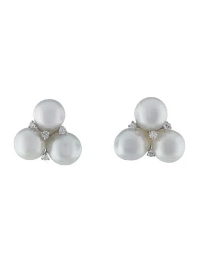 Pre-owned Emsaru 18k Pearl & Diamond Cluster Stud Earrings In Multi