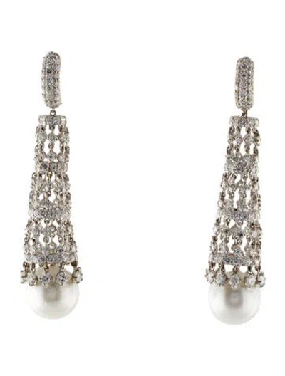 Pre-owned Emsaru 18k Pearl & Diamond Drop Earrings In Multi
