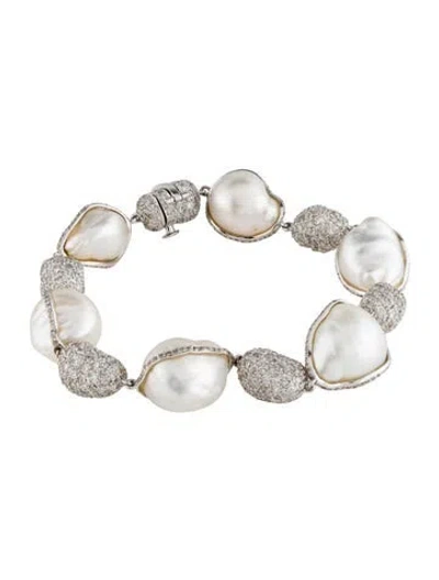 Pre-owned Emsaru 18k Pearl & Diamond Link Bracelet, 6.5" In Multicolor