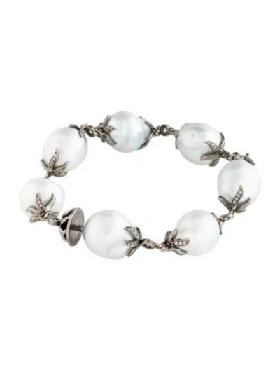 Pre-owned Emsaru 18k Pearl & Diamond Link Bracelet, 6.75" In Multi