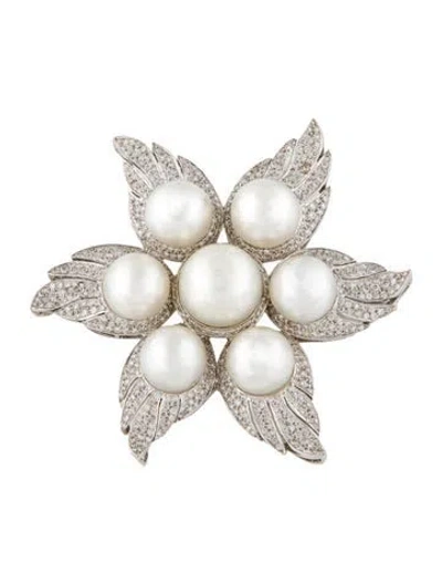 Pre-owned Emsaru 18k Pearl & Diamond Pin Brooch In Multi