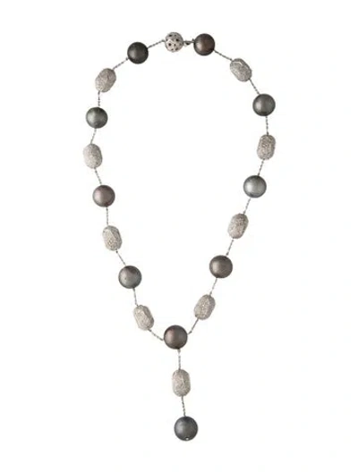 Pre-owned Emsaru 18k Pearl & Diamond Station Lavalier Necklace, 19.25" In Multicolor