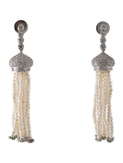 Pre-owned Emsaru 18k Pearl & Diamond Tassel Earrings In Multi