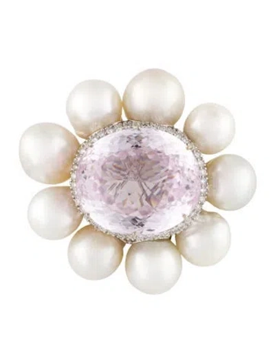 Pre-owned Emsaru 18k Pearl, Kunzite & Diamond Brooch Pin In Multi
