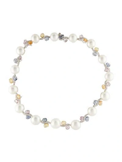 Pre-owned Emsaru 18k Pearl, Sapphire & Diamond Collar Necklace, 18" In Multi