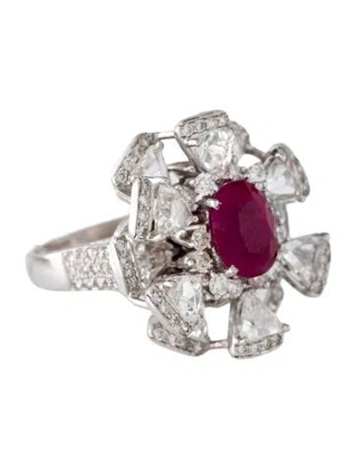 Pre-owned Emsaru 18k Ruby & Diamond Flower Cocktail Ring In Multi