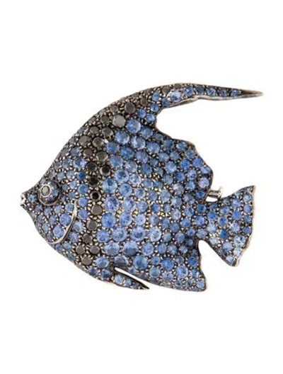 Pre-owned Emsaru 18k Sapphire & Diamond Fish Pin Brooch In Multicolor