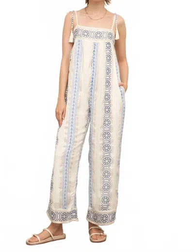 En Creme Embroidered Jumpsuit With Tassel Shoulder Ties And Lurex Det In White Blue In Multi