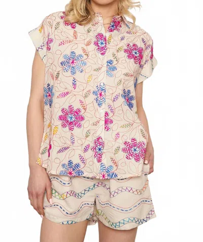 En Creme Embroidered Short Sleeve Button Down Shirt In White Multicolor
