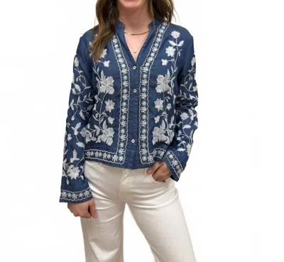 En Creme Long Sleeve Embroidered Button Down Top In Dark Denim In Blue