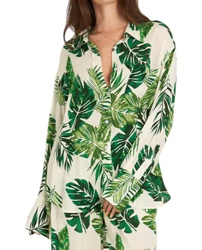 En Creme Palms Away Long Sleeve Button Up Top In Green