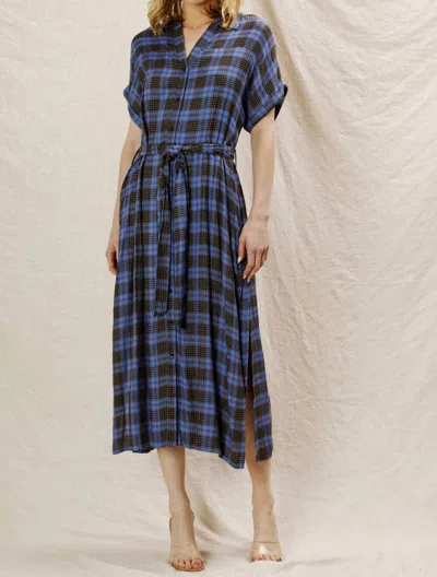 En Creme Plaid Button Down Belted Shirt Dress In Blue/ Black In Multi