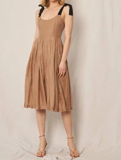 En Creme Polka Dot Shoulder Tie Pleated Wide Leg Jumpsuit In Light Brown