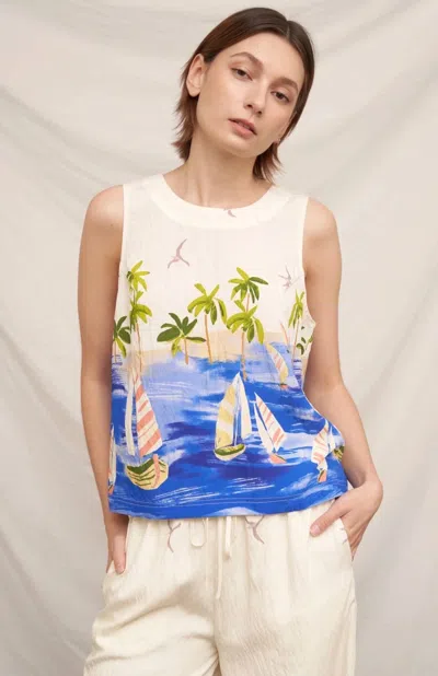 En Creme Sleeveless Back Button Down Top In Coastal Print In White