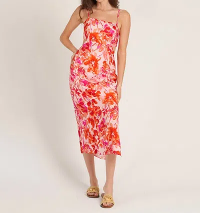 En Creme Sleeveless Floral Print Back Tie Midi Dress In Pink Multi