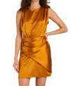 En Creme Sleeveless Front Layered Back Cutout Satin Dress In Marigold In Gold