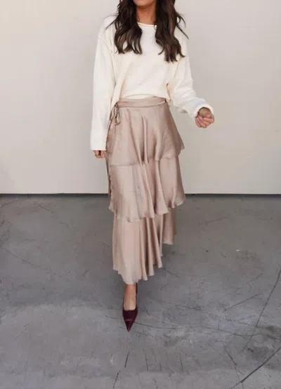 En Creme Tiered Satin Maxi Skirt In Beige In Pink