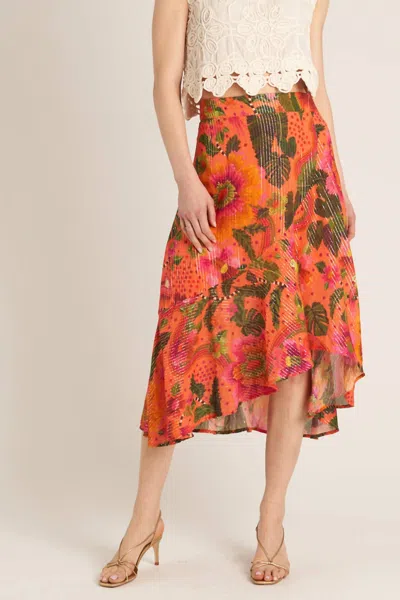 En Creme Tropical Midi Skirt In Orange