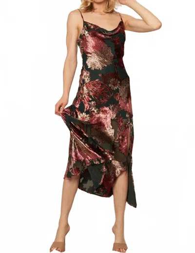 En Creme Velvet Rose Midi Dress In Dark Green In Brown