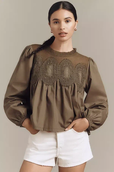 En Elly The Iris Long-sleeve Lace Poplin Blouse By  In Green
