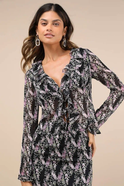 En Saison Anai Black Floral Print Ruffled Tie-front Long Sleeve Top