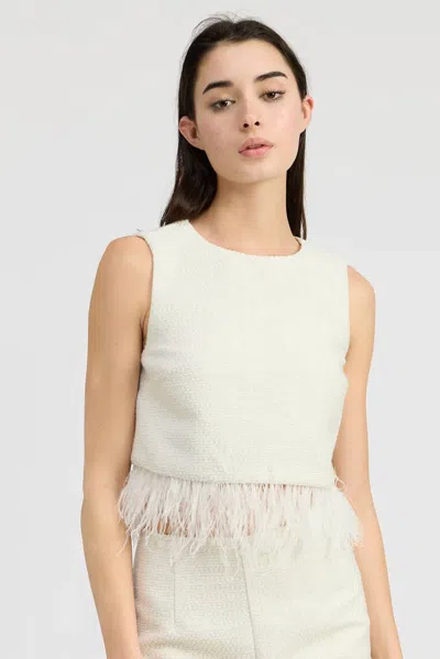 En Saison Arden Sleeveless Feather-trim Top In Off-white